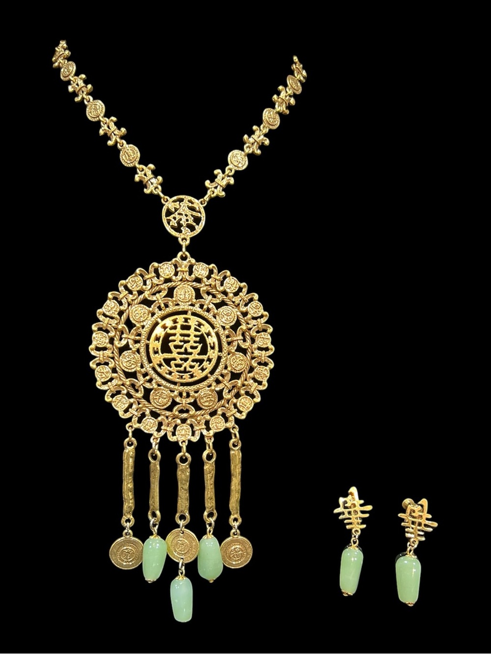 Goldette - 70's Asian Motif Medallion Necklace & Simulated Glass Jade Earrings